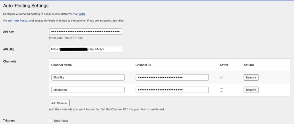 An example of the WordPress UX. It lets you enter API keys, URLs, channel names and IDs, and lets you toggle on and off.