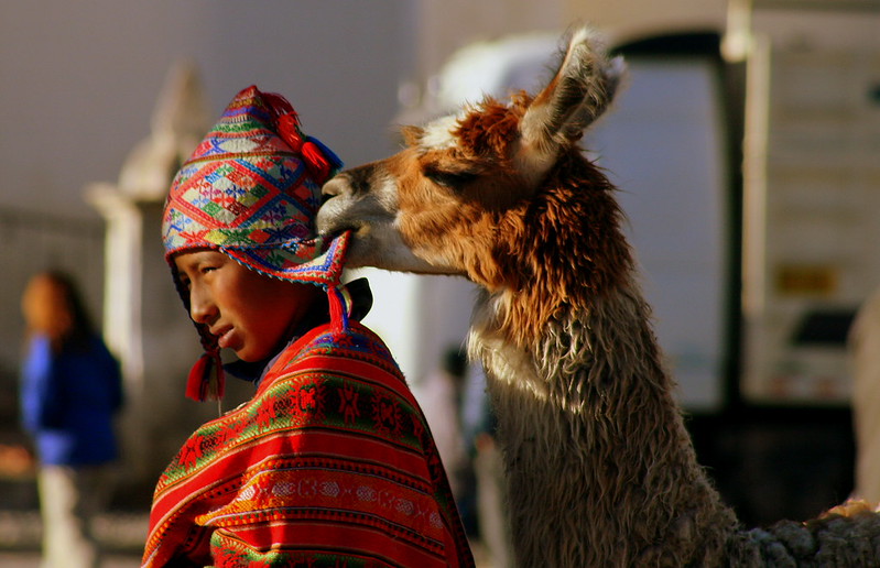 This boy is on Yanque town, waiting for travellers who want to take a picture with his llama. Meanwhile, the llama is distracted with his chullo. (By Mariel Gonzales)