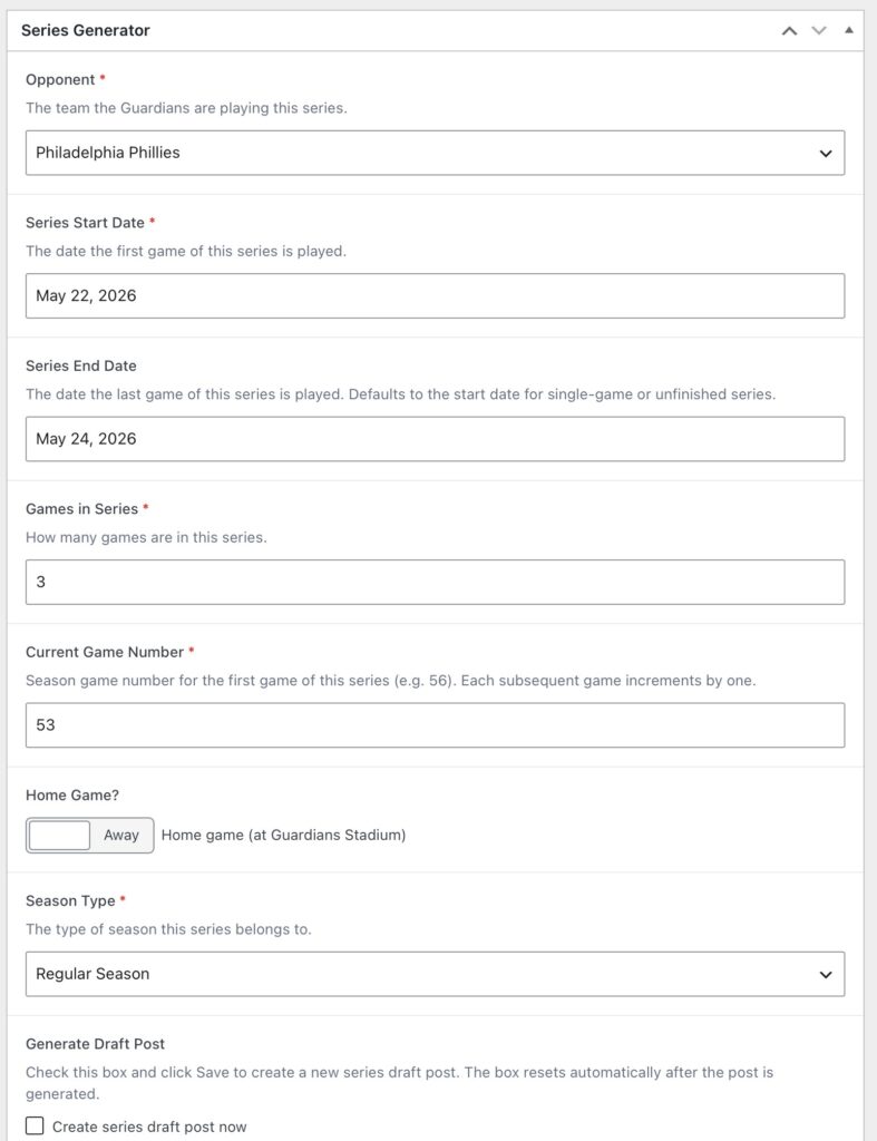 Example of the settings page, which lets you set game series dates, number of games, opponents, etc.